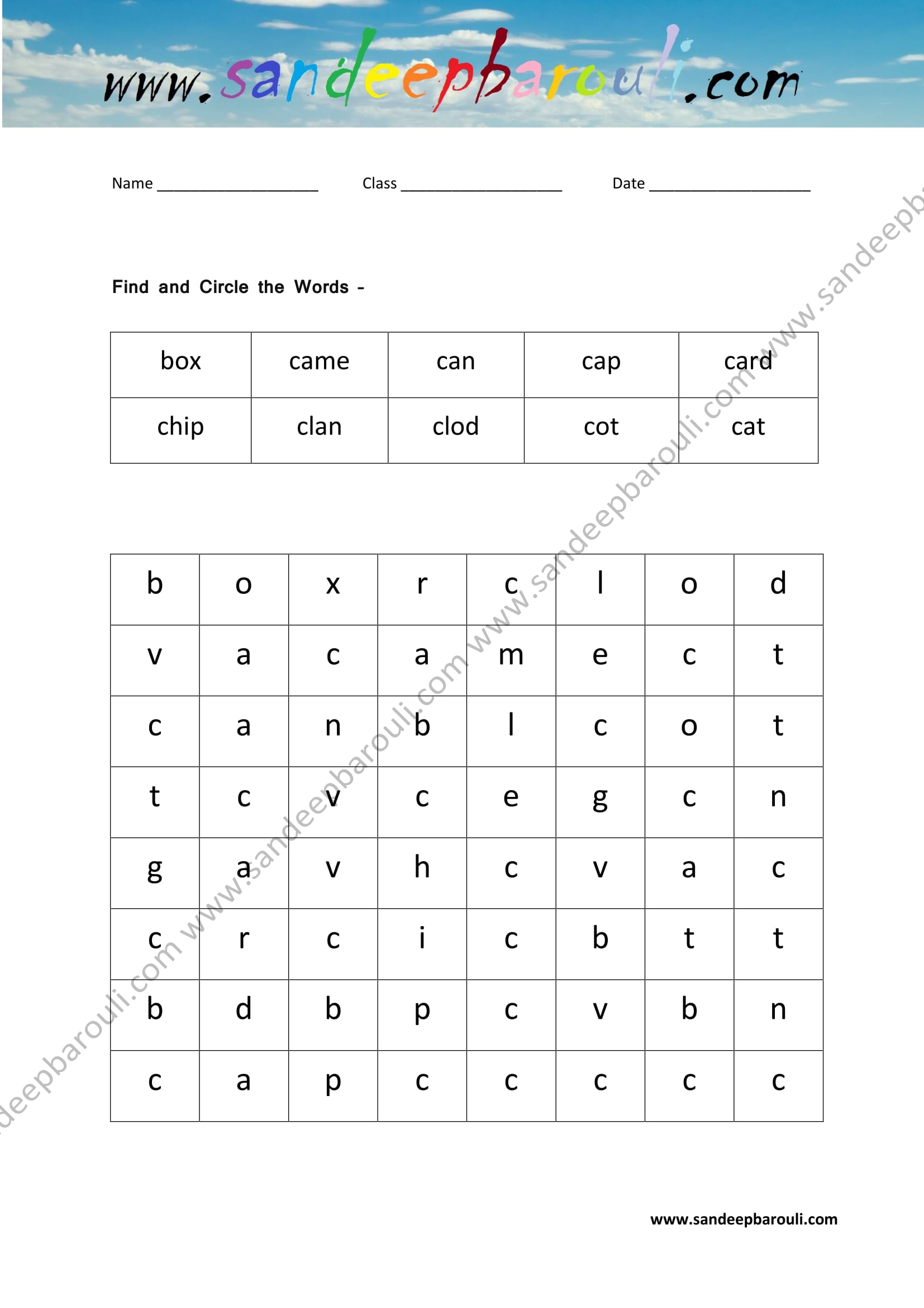Find and Circle the words for Class 1 (2)
