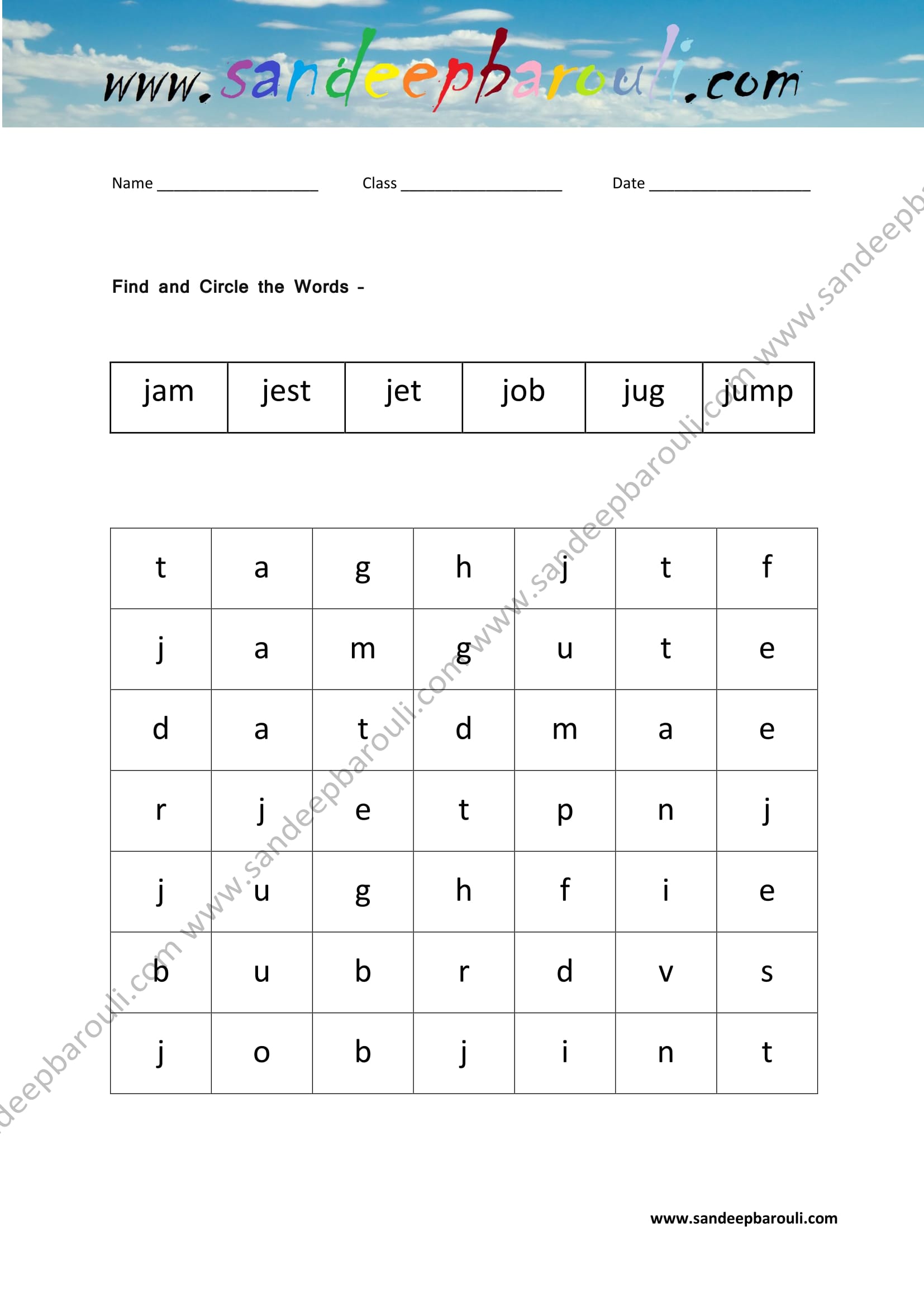 Find and Circle the words for Class 1 (6)