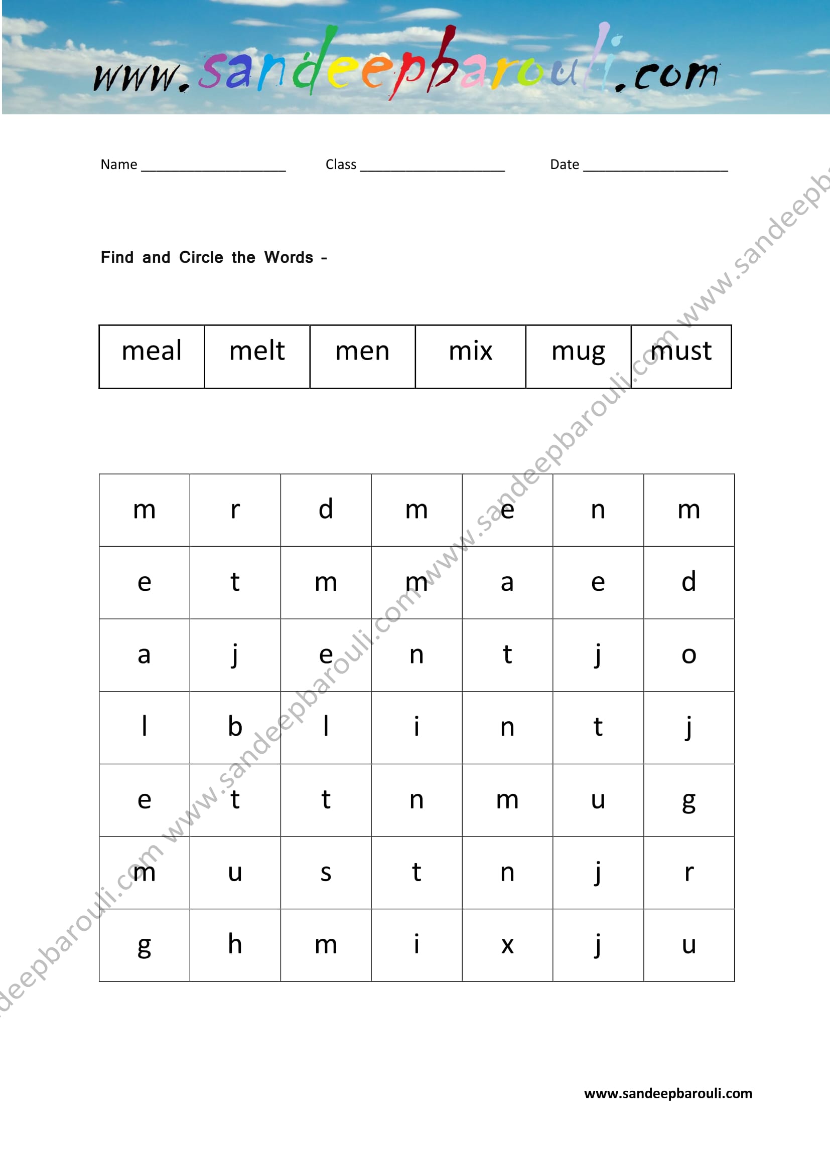 Find and Circle the words for Class 1 (7)