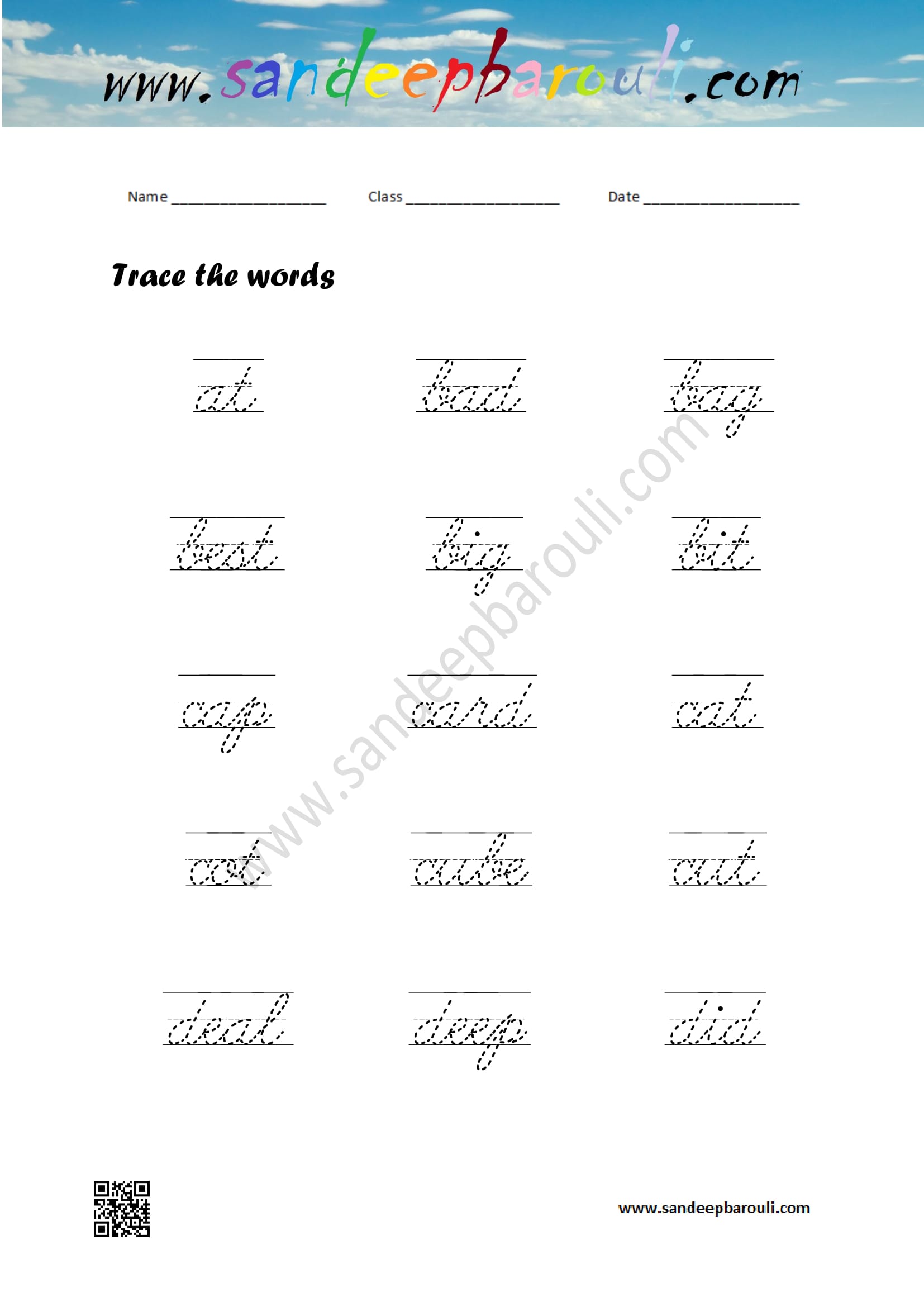 Cursive Writing Worksheet – Trace the words 1 | SandeepBarouli.Com