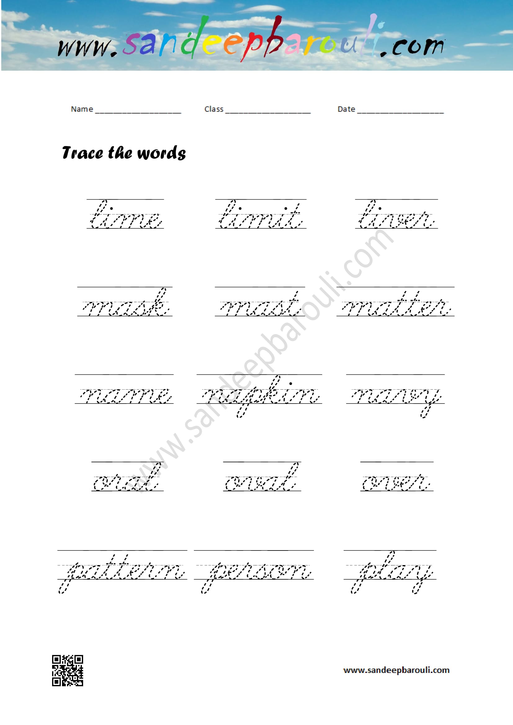 Cursive Writing Worksheet – Trace the words (25)