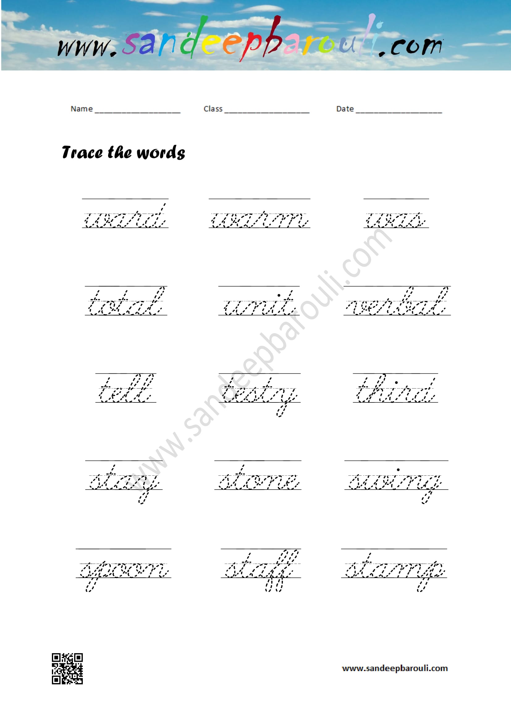 Cursive Writing Worksheet – Trace the words (30)