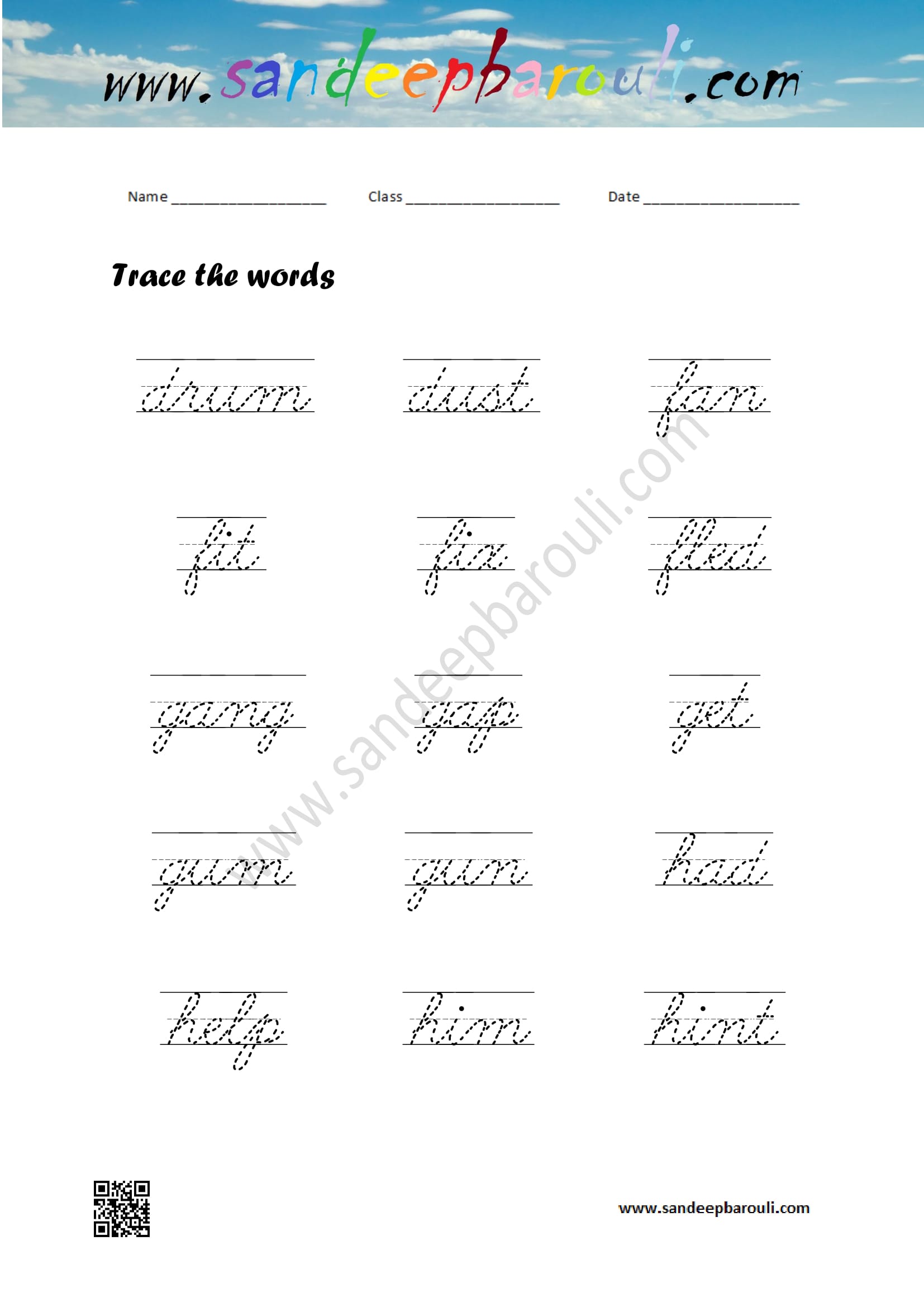 Cursive Writing Worksheet – Trace the words 25  SandeepBarouli.Com