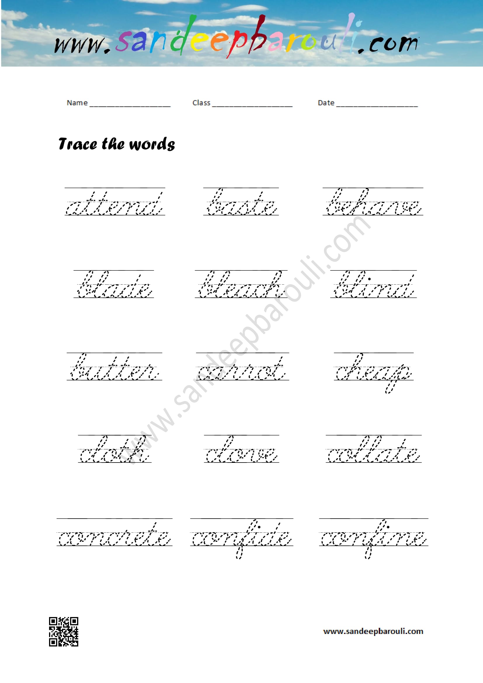 Cursive Writing Worksheet – Trace the words (40)