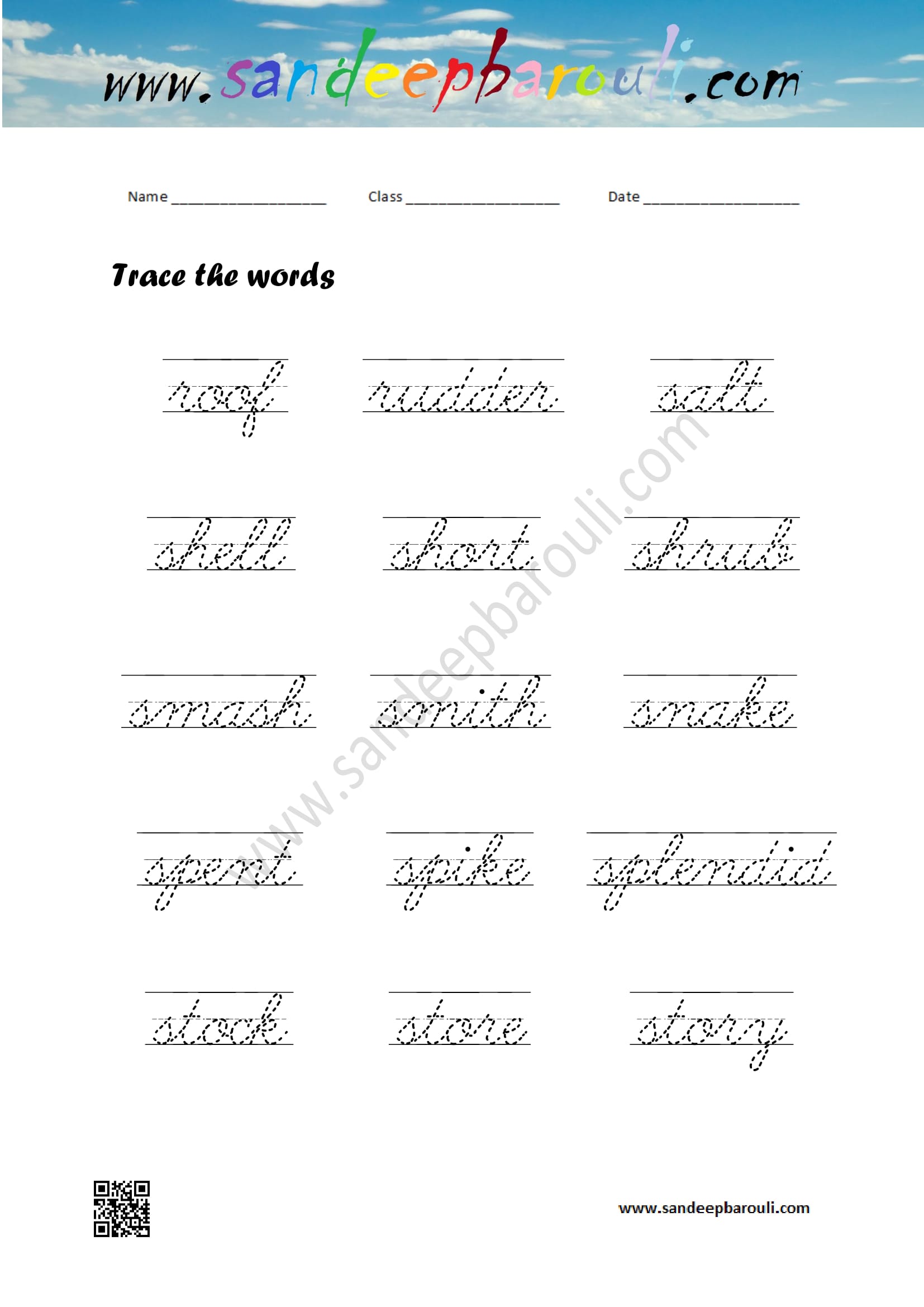 Cursive Writing Worksheet – Trace the words 29 – SandeepBarouli.Com