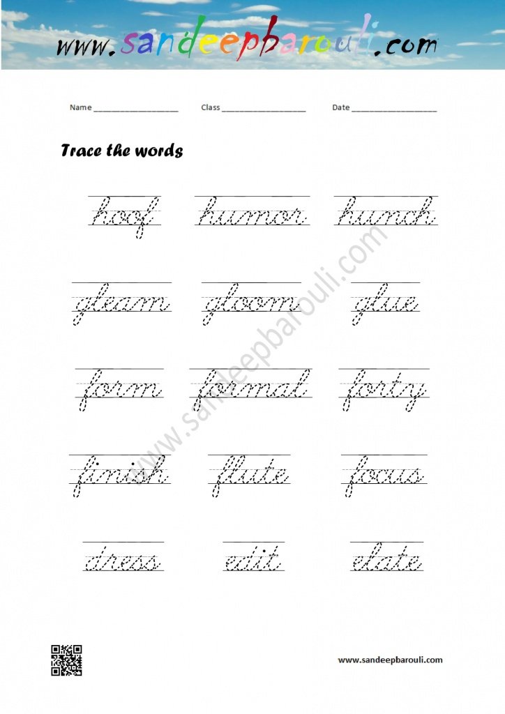 Cursive Writing Worksheet – Trace the words 12 – SandeepBarouli.Com