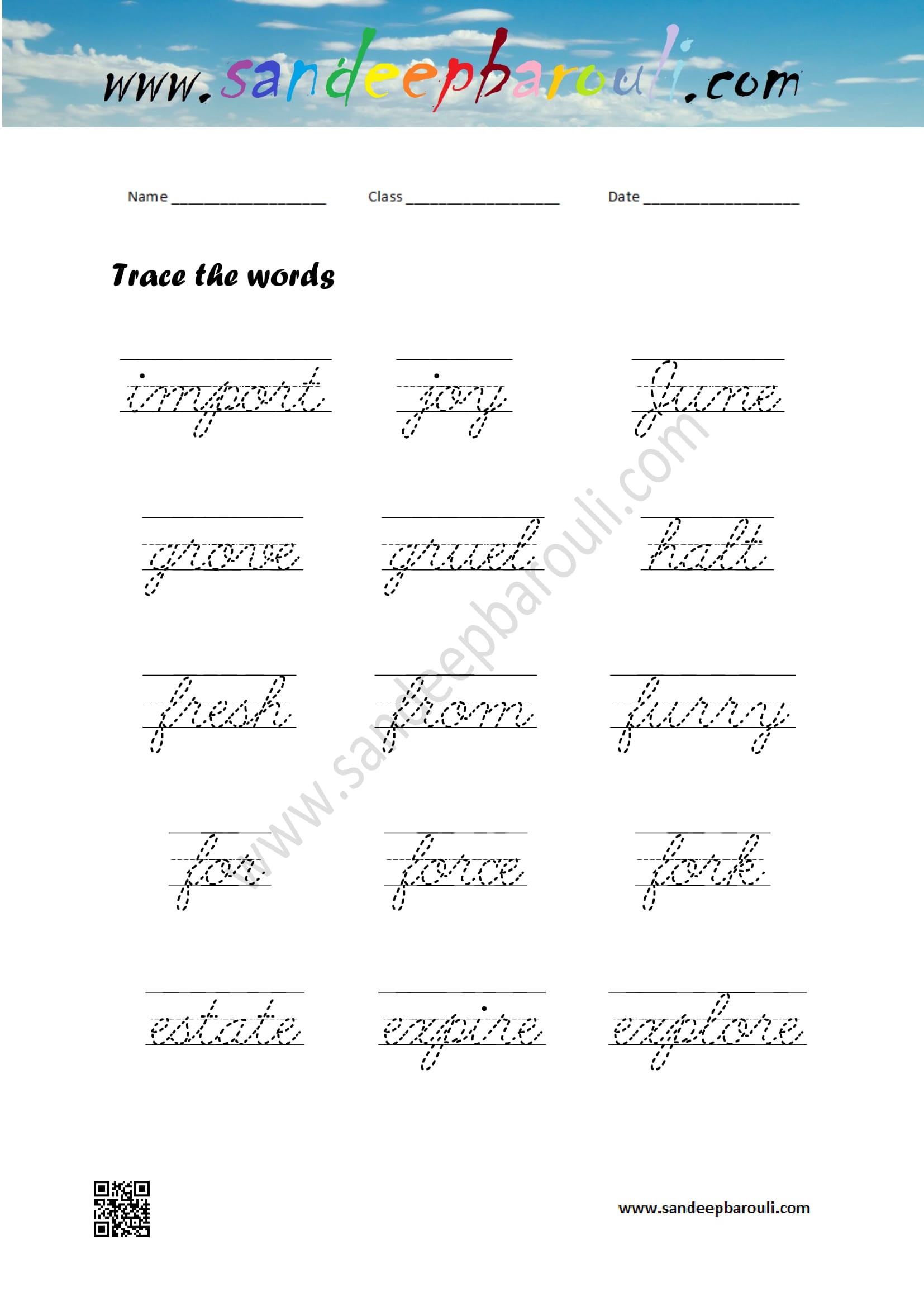 Cursive Writing Worksheet – Trace the words (58)