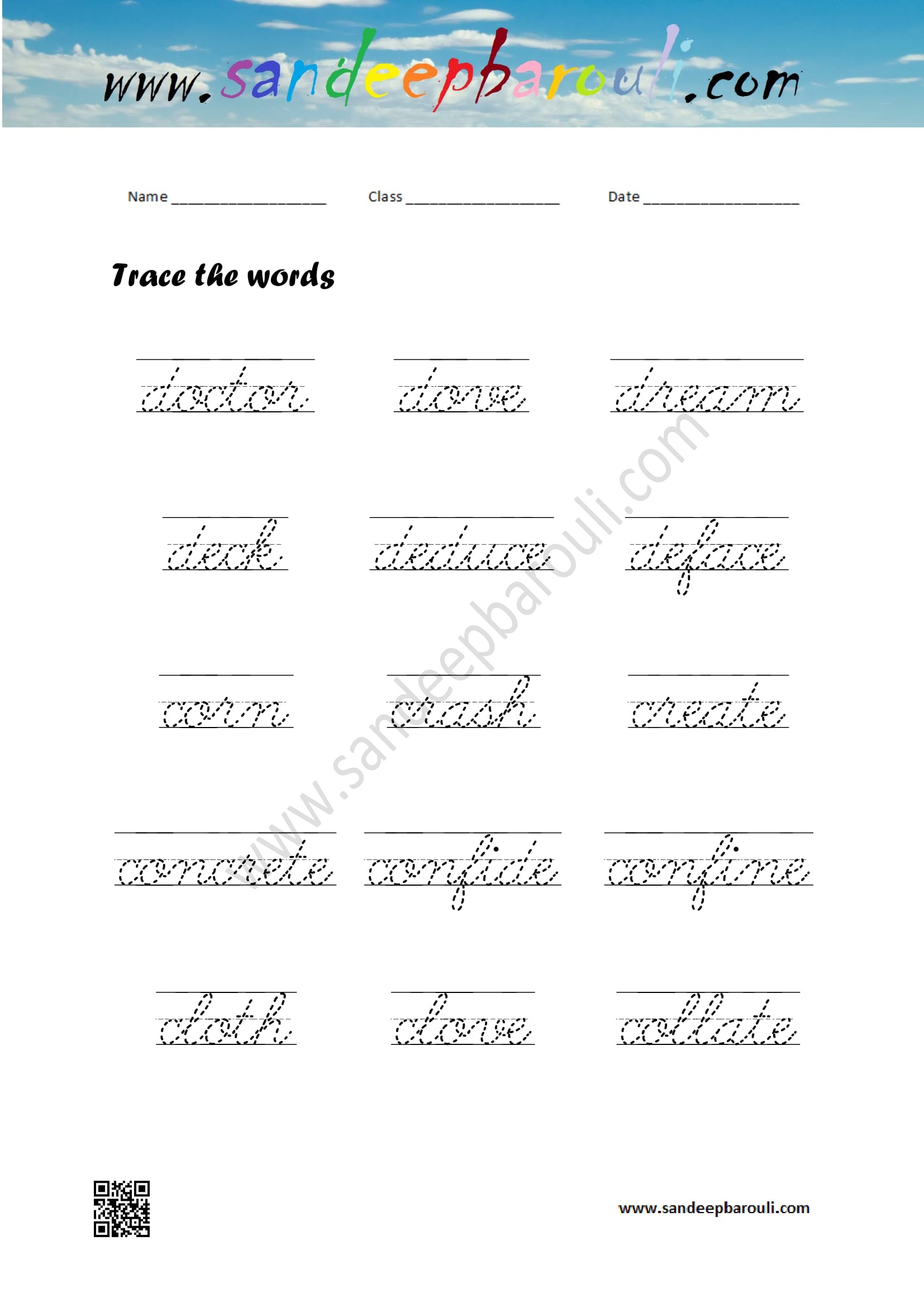 Cursive Writing Worksheet – Trace the words (60)