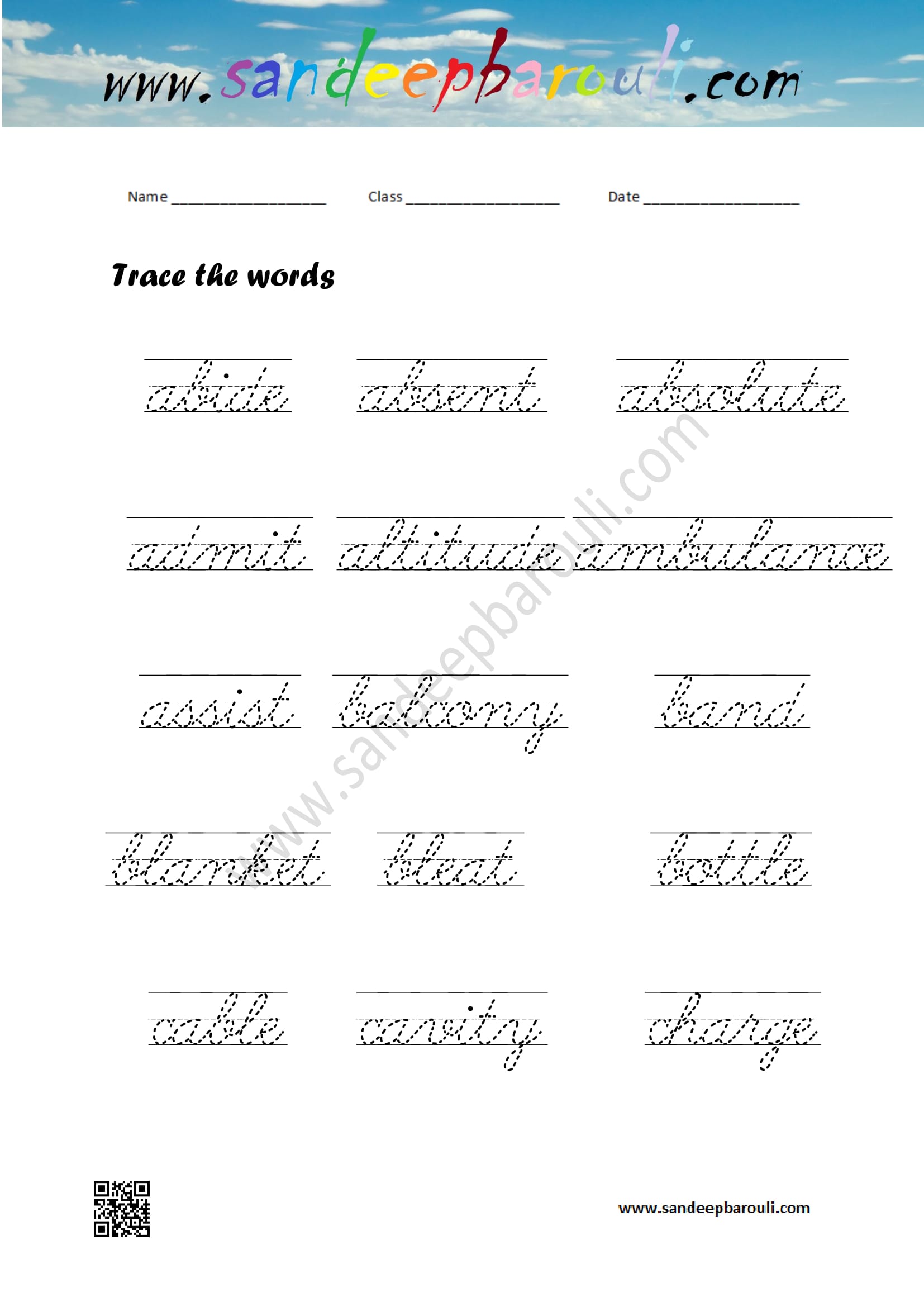 Cursive Writing Worksheet – Trace the words 61 – Educational Website
