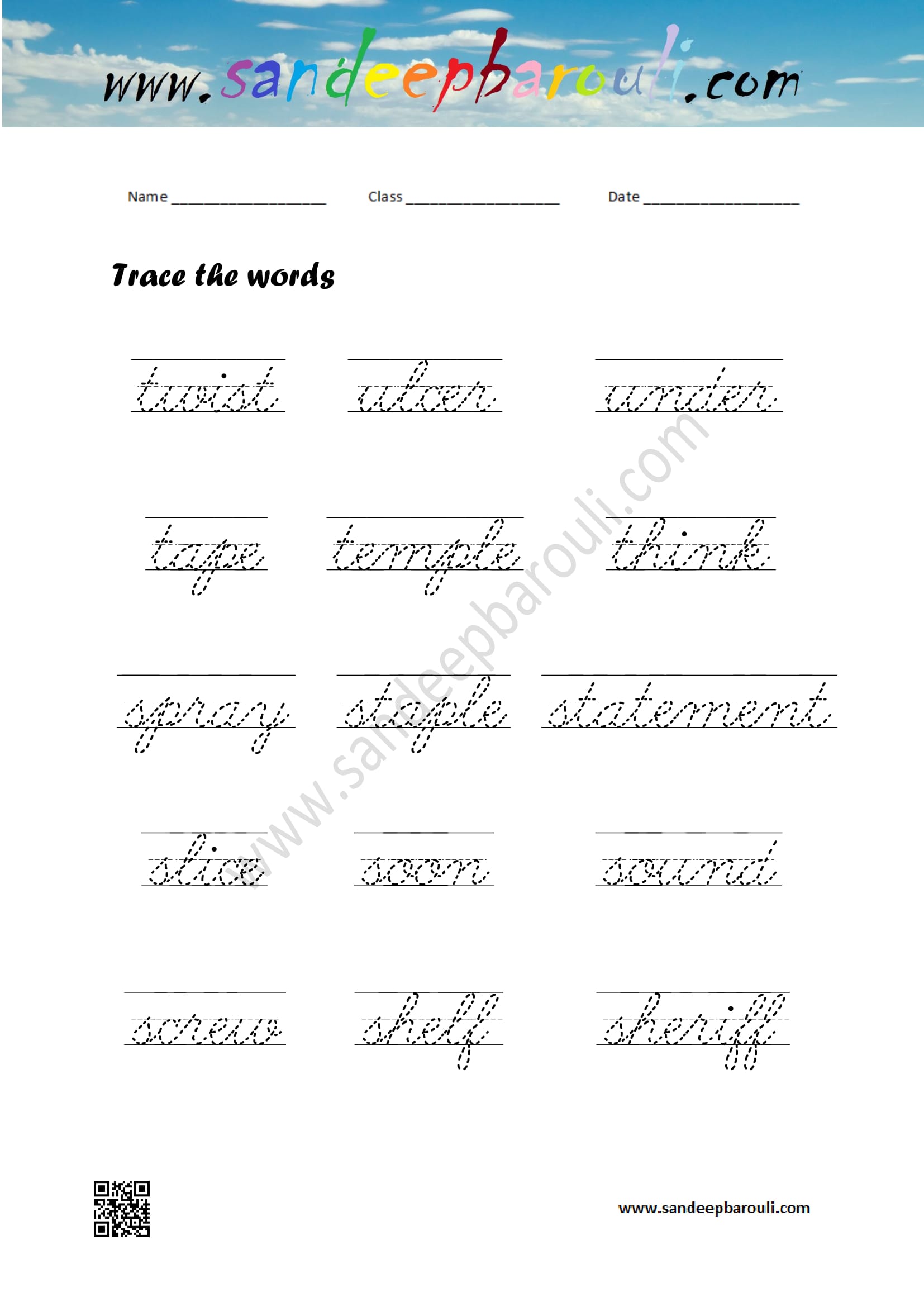 Cursive Writing Worksheet – Trace the words (70)