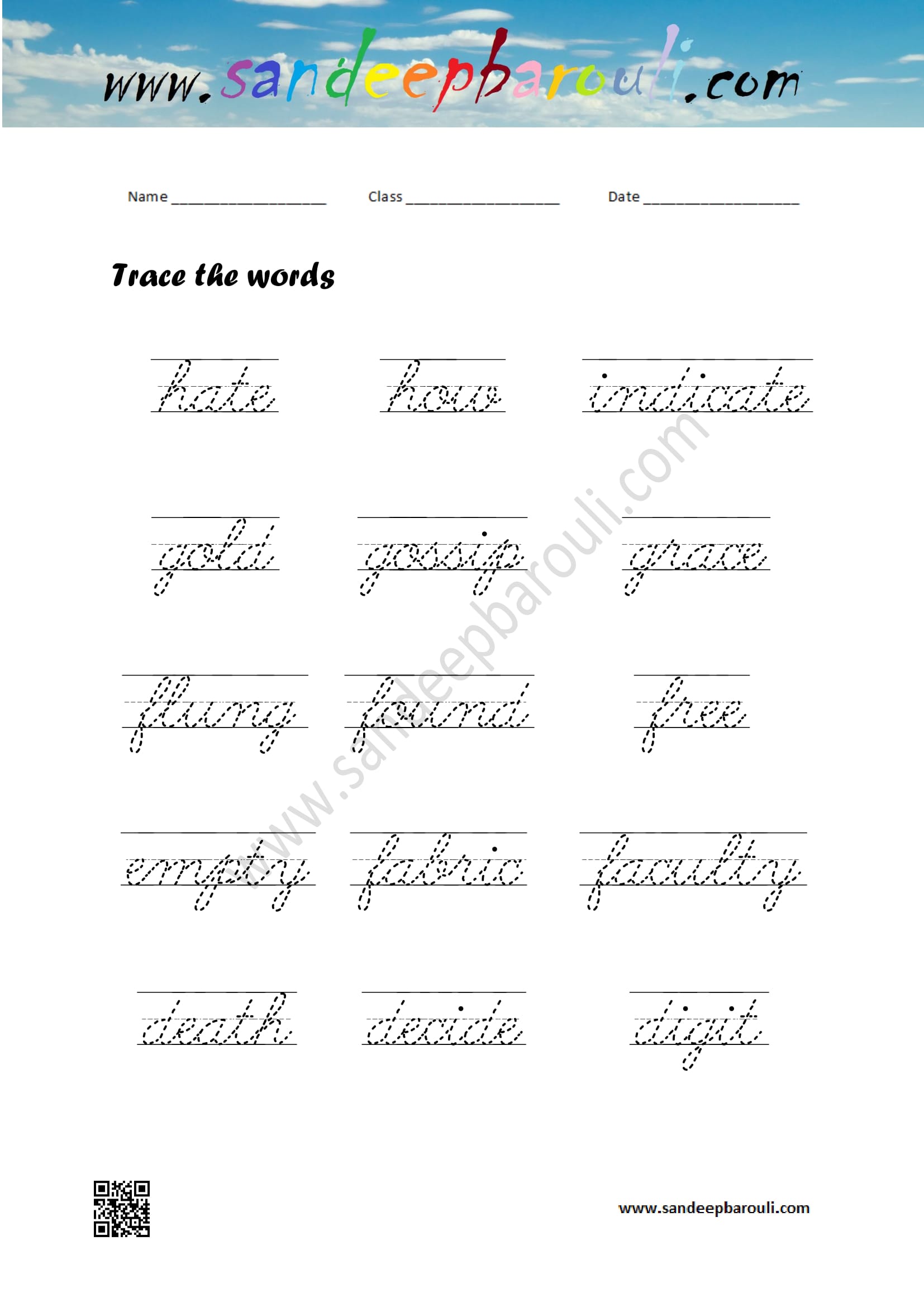 Cursive Writing Worksheet – Trace the words (73)