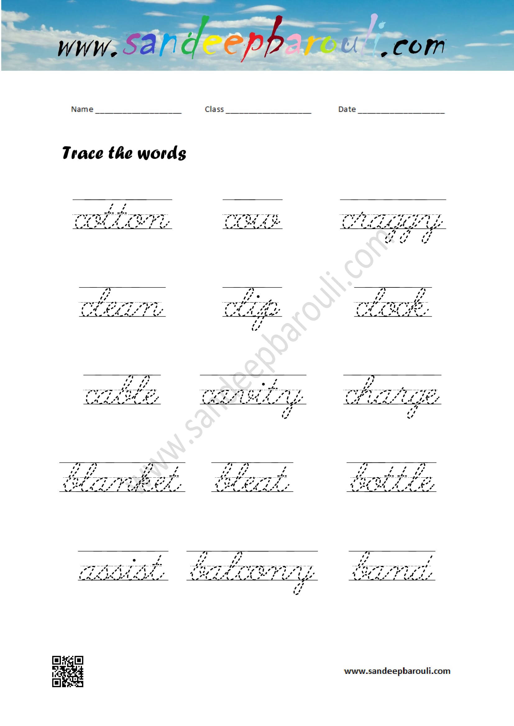 Cursive Writing Worksheet – Trace the words (75)