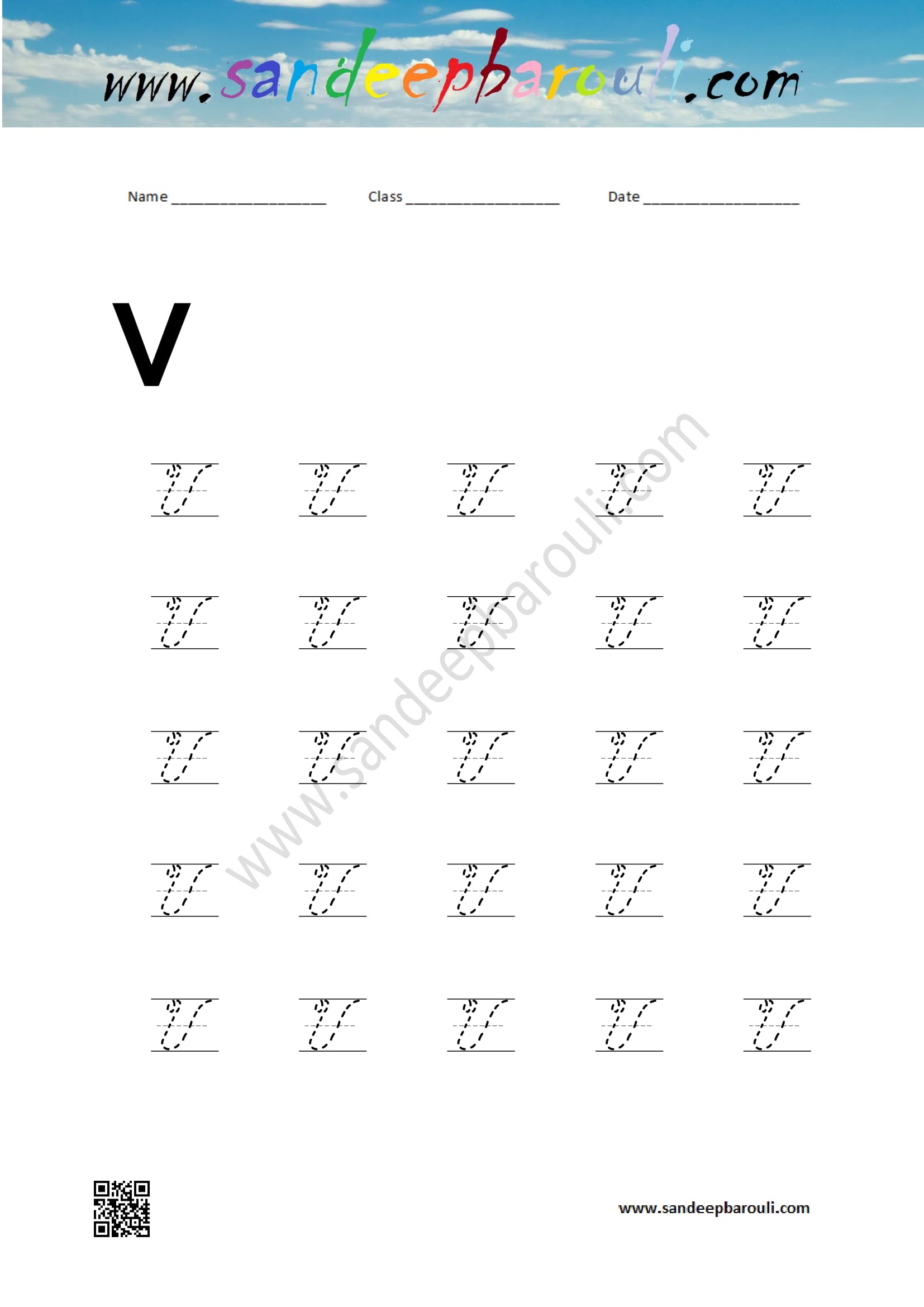 Cursive Writing Worksheet for V