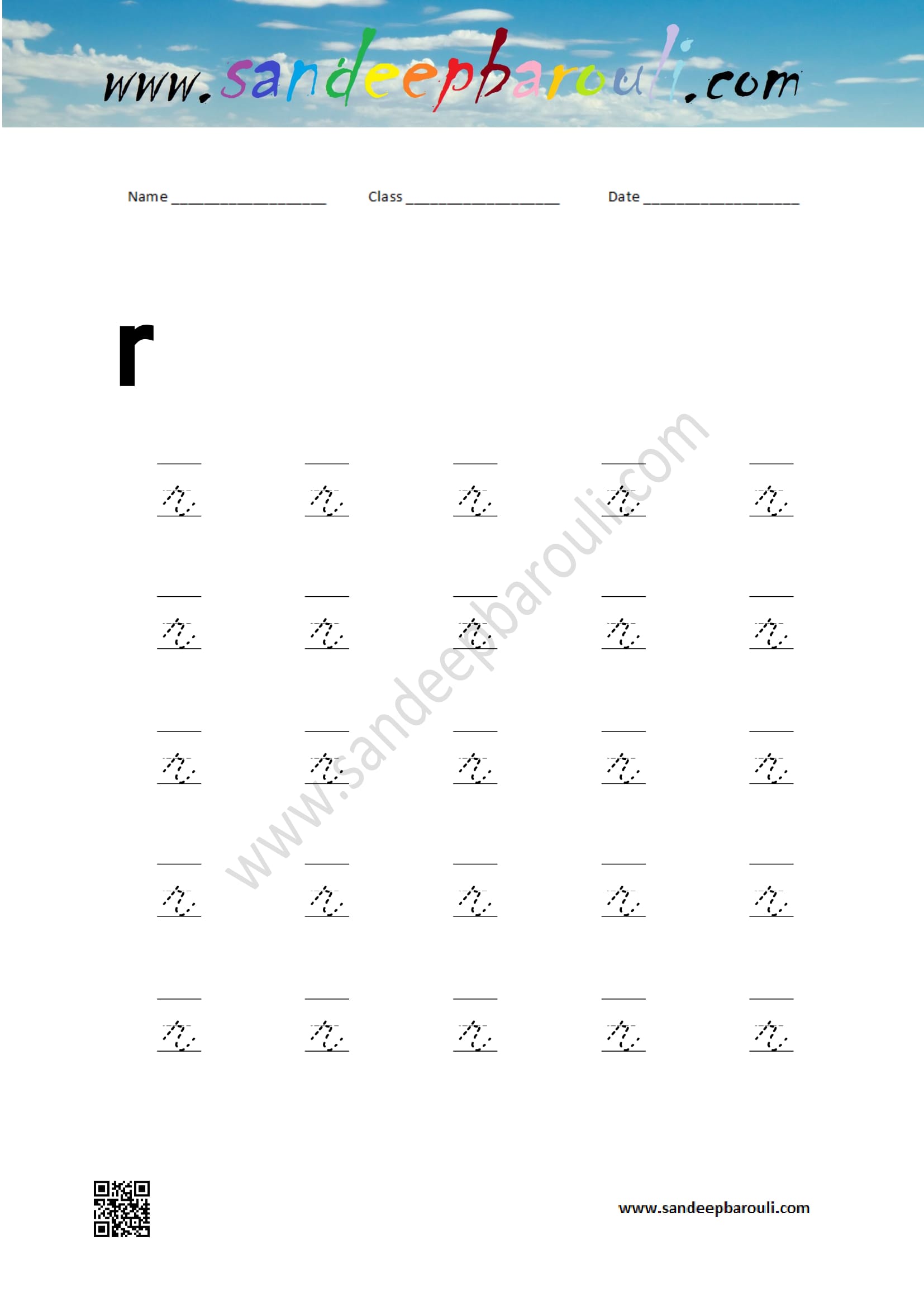 Cursive Writing Worksheet for small letters r