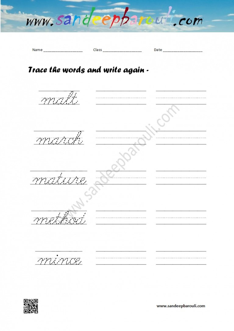 cursive writing worksheet trace the words and write again 100