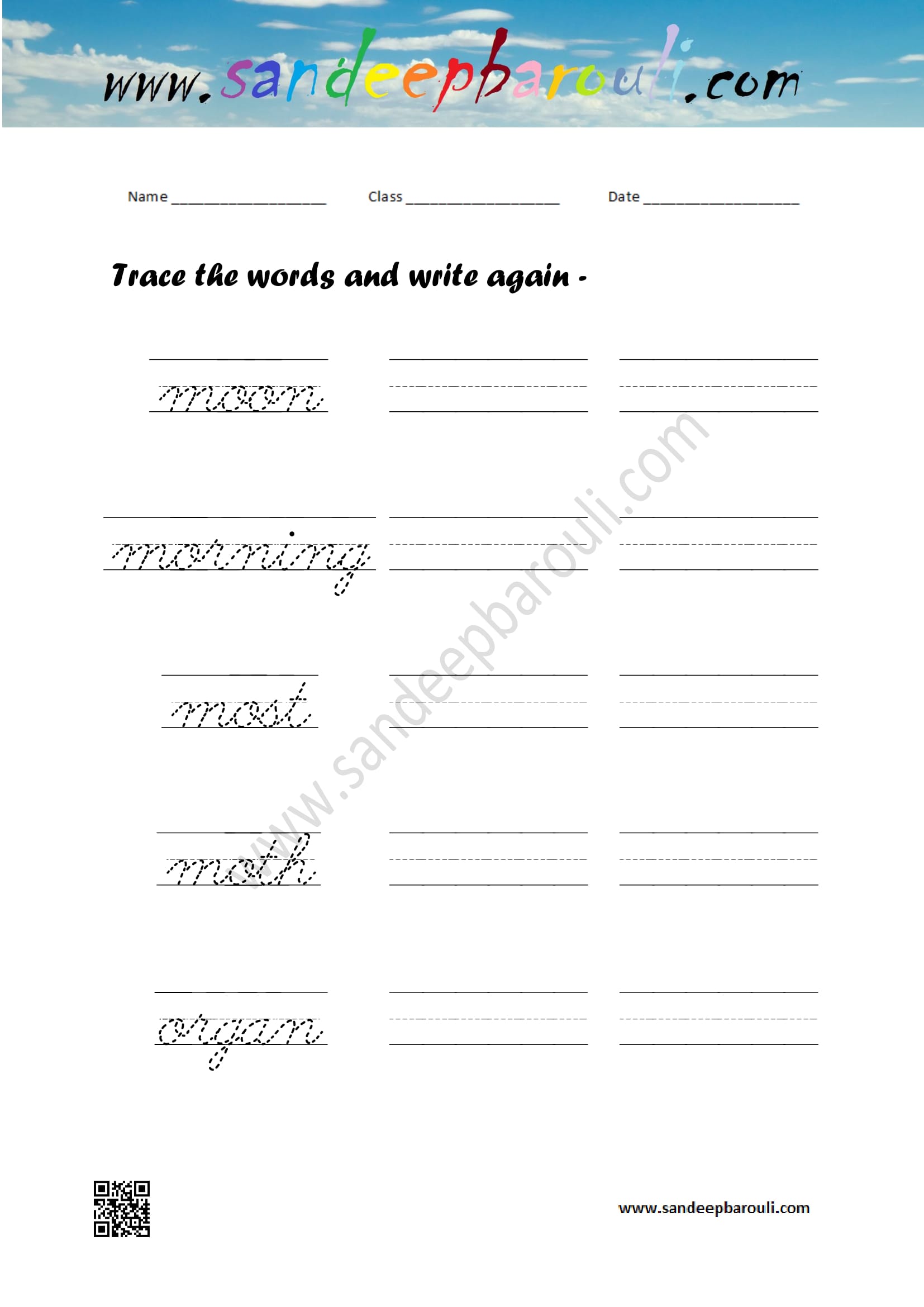 Cursive writing worksheet – trace the words and write again (101)