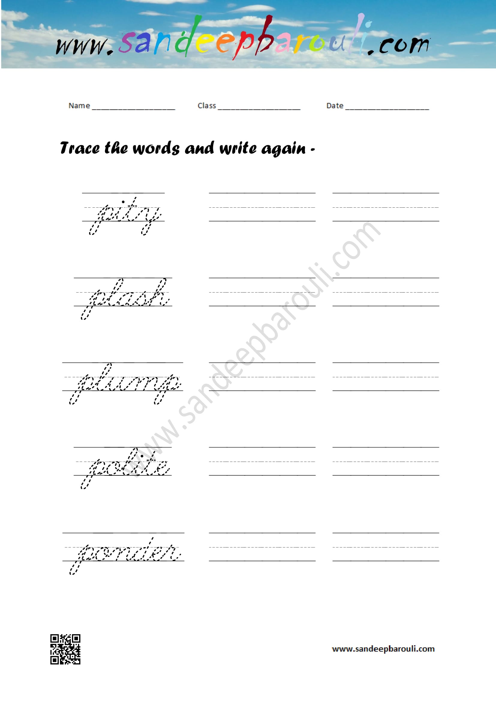 Cursive writing worksheet – trace the words and write again (102)