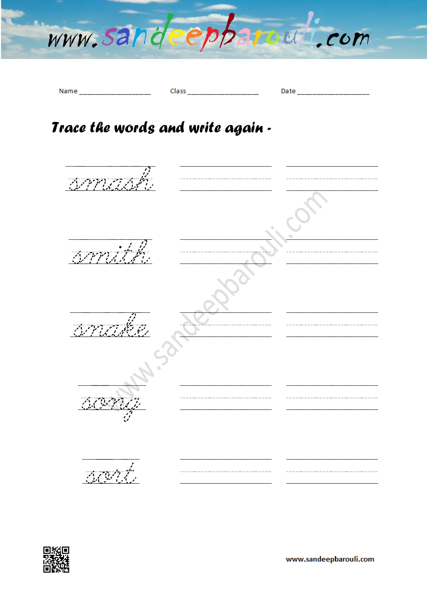 Cursive writing worksheet – trace the words and write again (108)