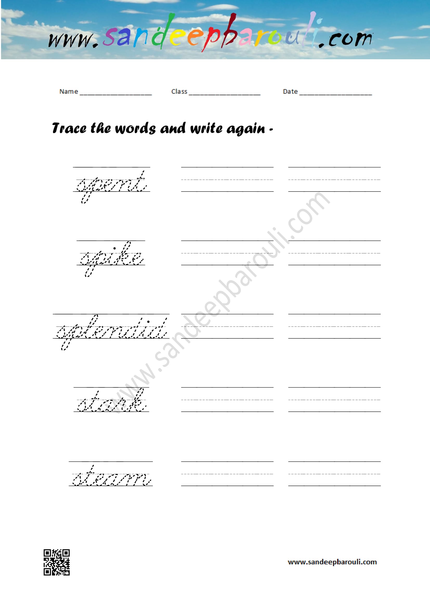 Cursive writing worksheet – trace the words and write again (109)