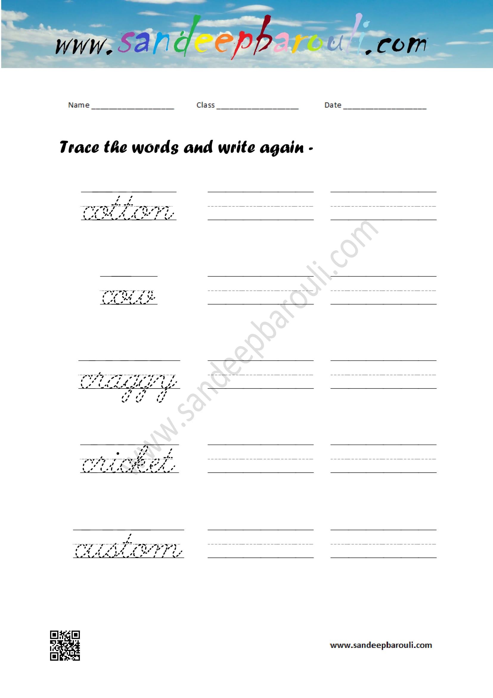 Cursive writing worksheet – trace the words and write again (120)
