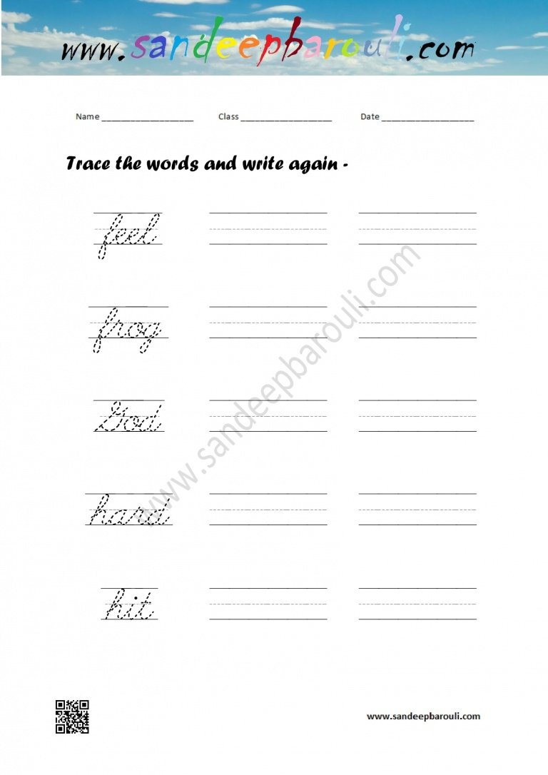 cursive writing worksheet trace the words and write again 34