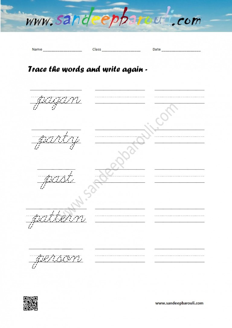 cursive writing worksheet trace the words and write again 52