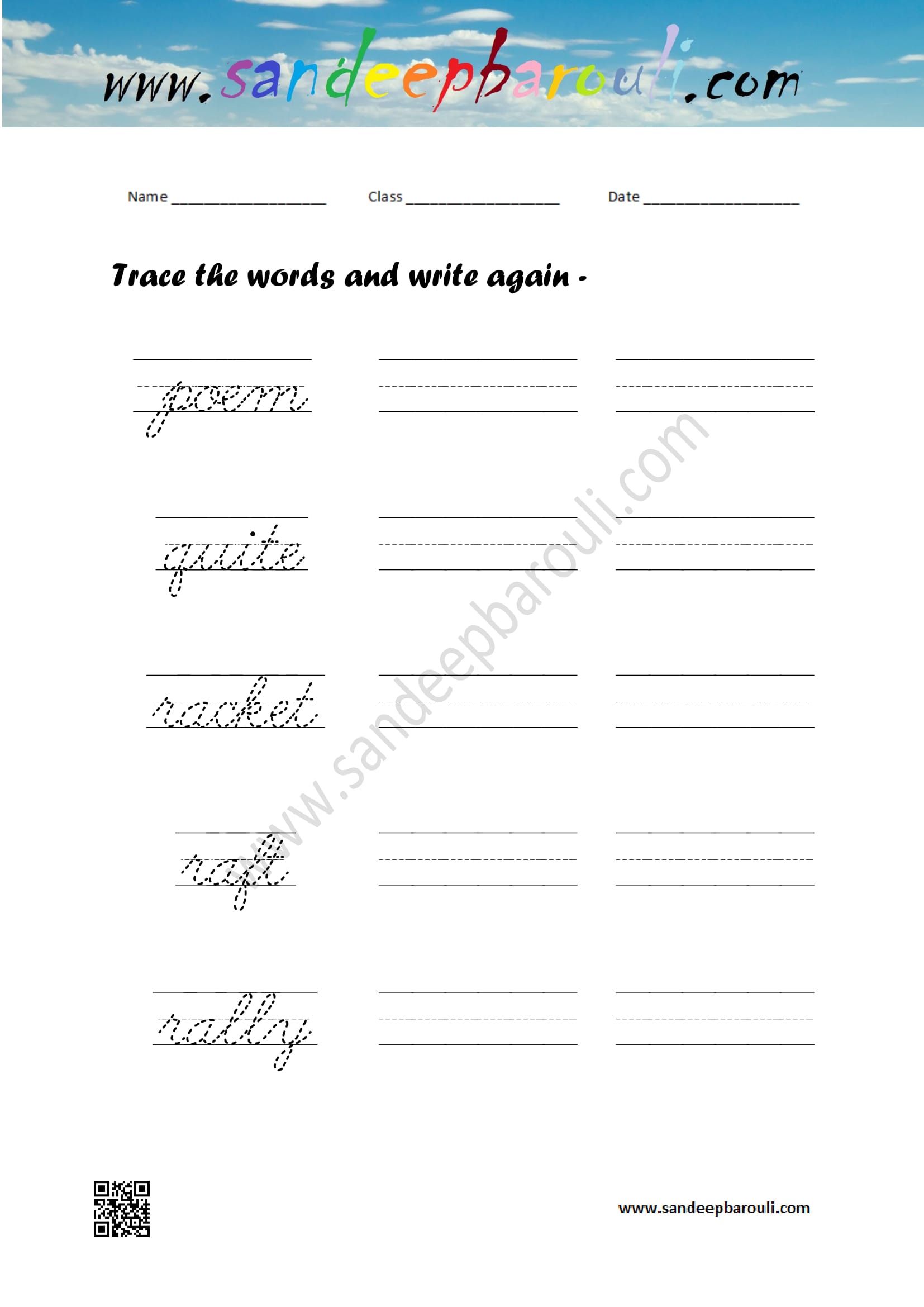 Cursive writing worksheet – trace the words and write again (53)