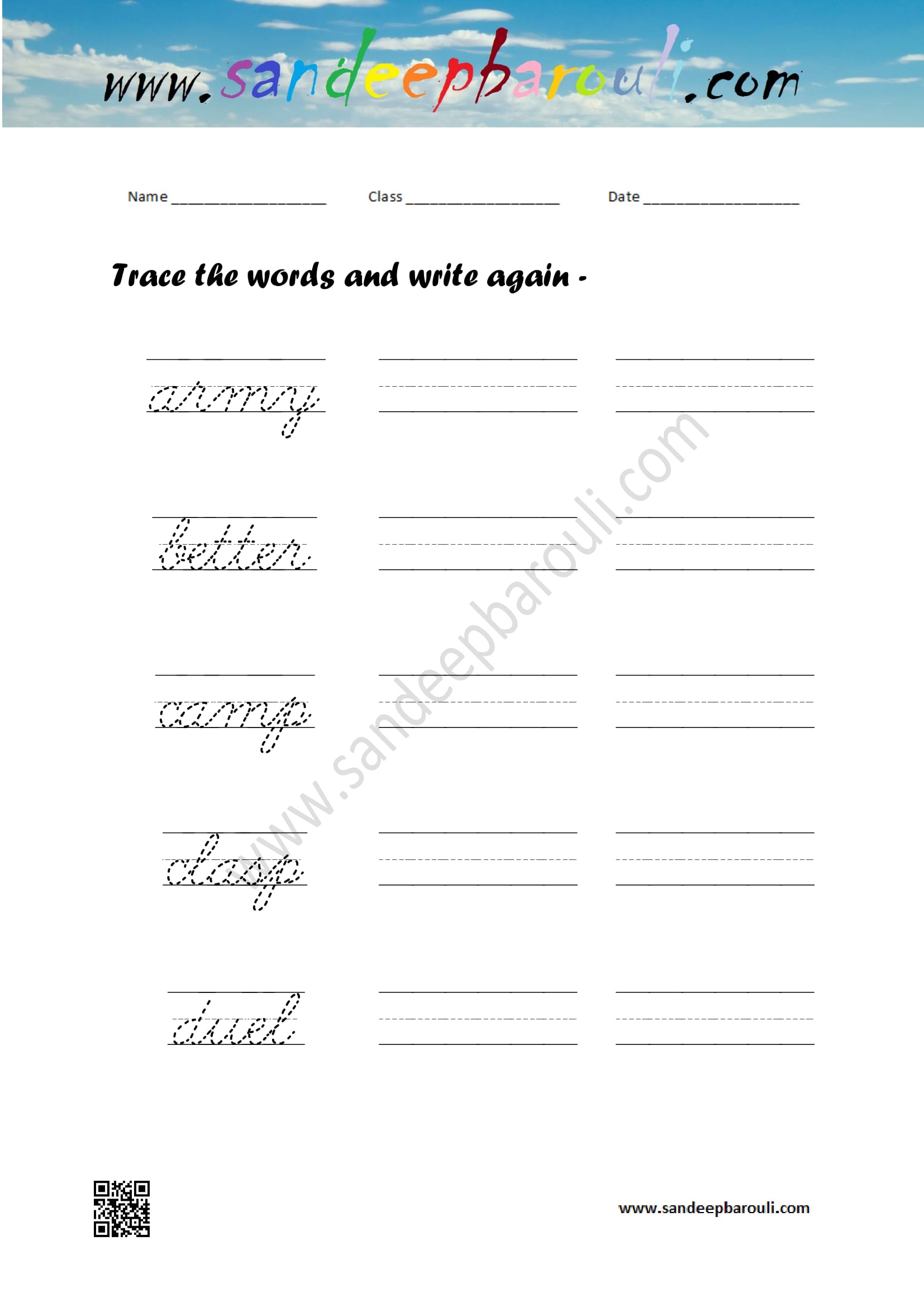 Cursive writing worksheet – trace the words and write again (65)