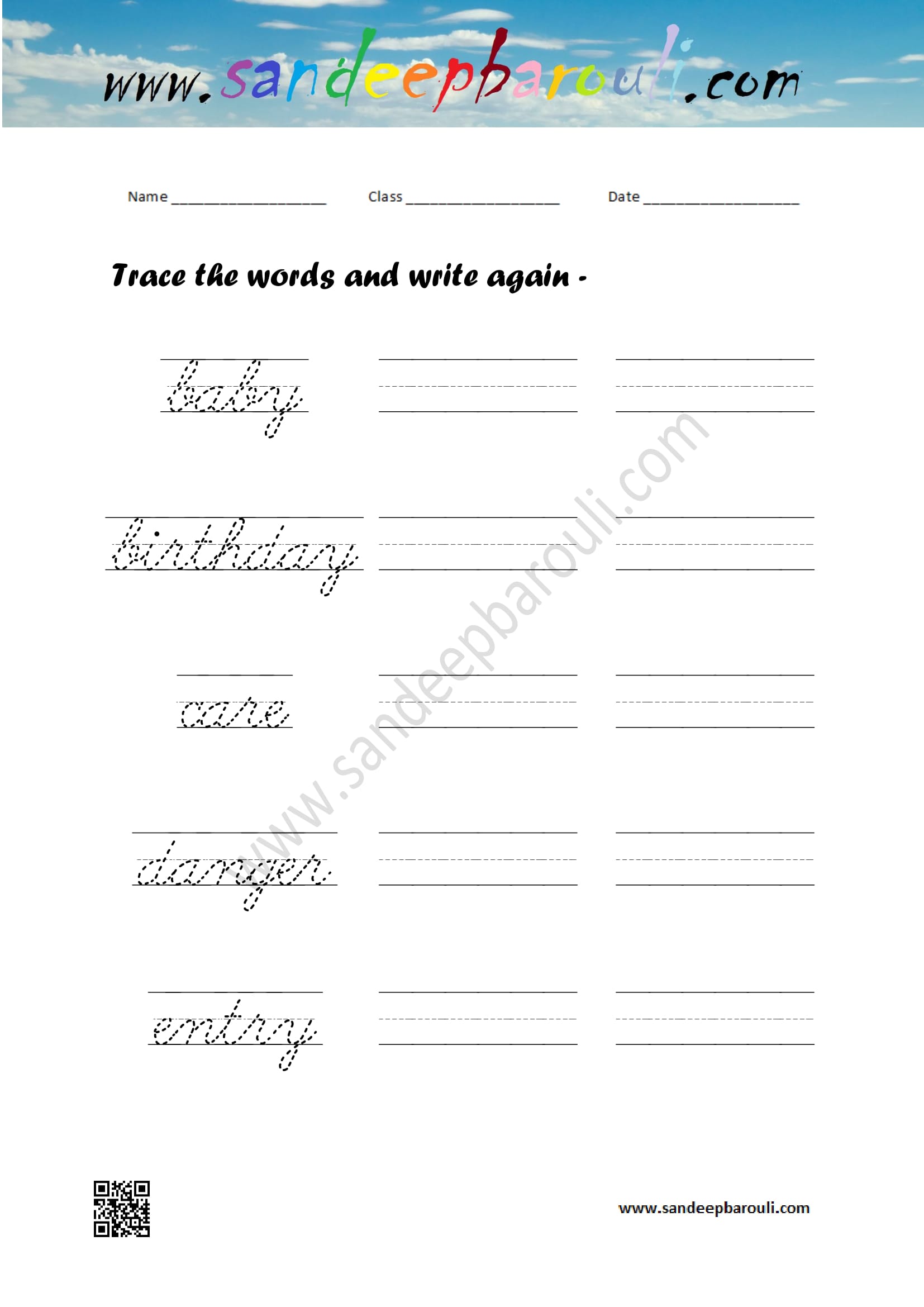 Cursive writing worksheet – trace the words and write again (67)