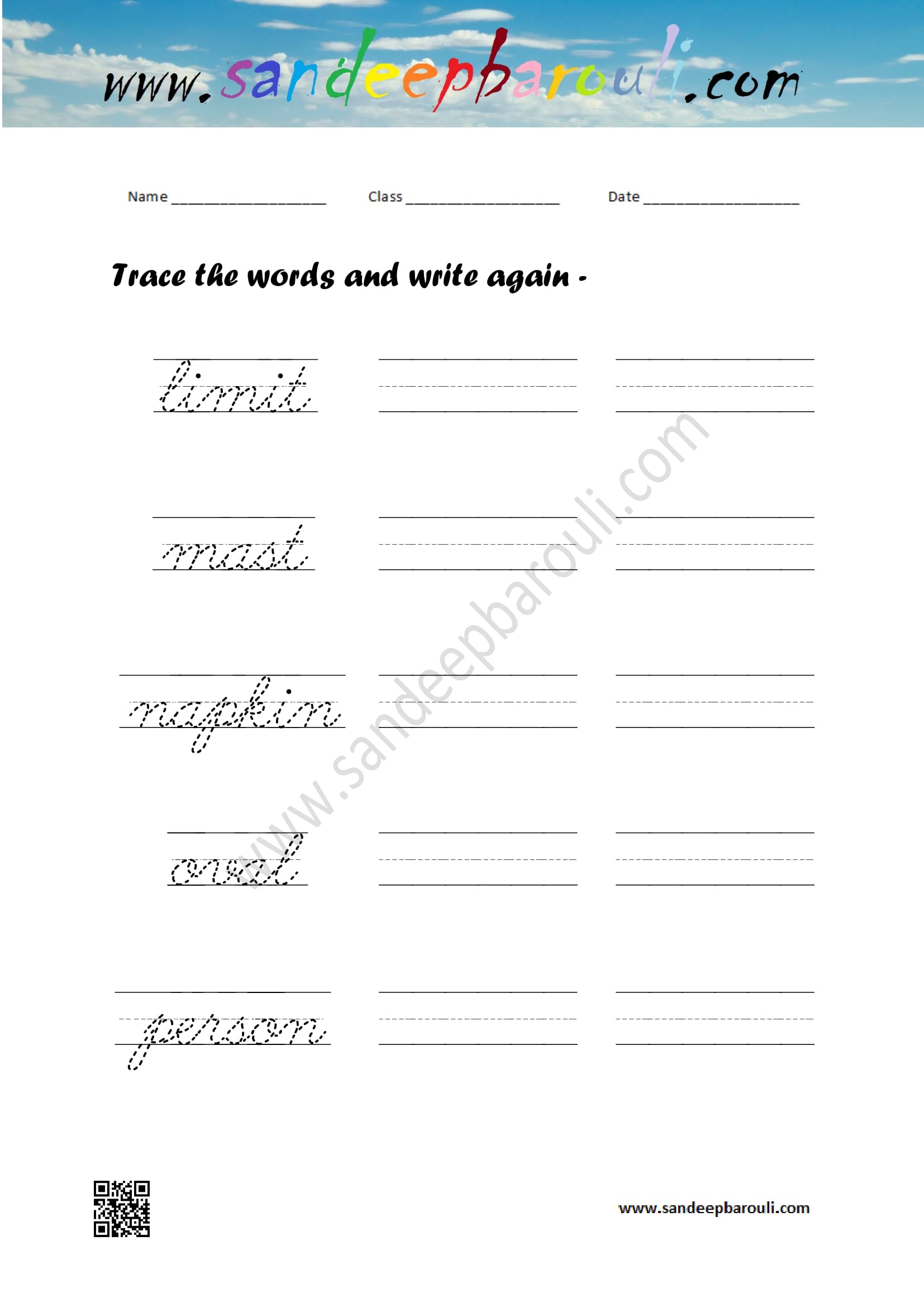Cursive writing worksheet – trace the words and write again (78)