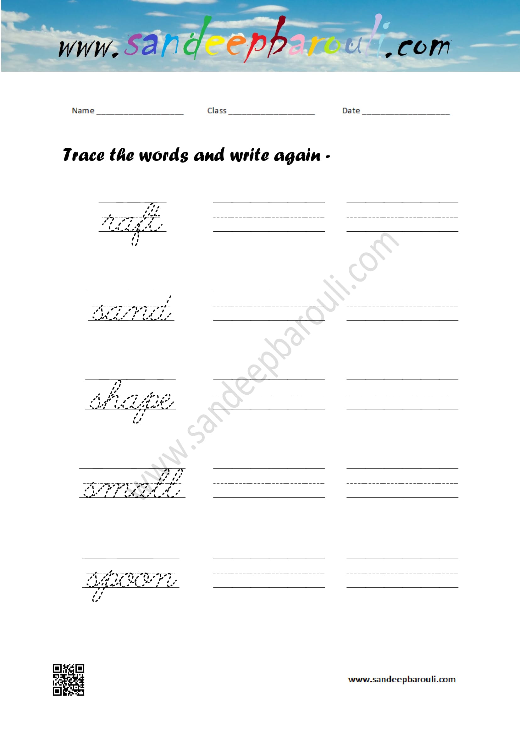 Cursive writing worksheet – trace the words and write again (83)