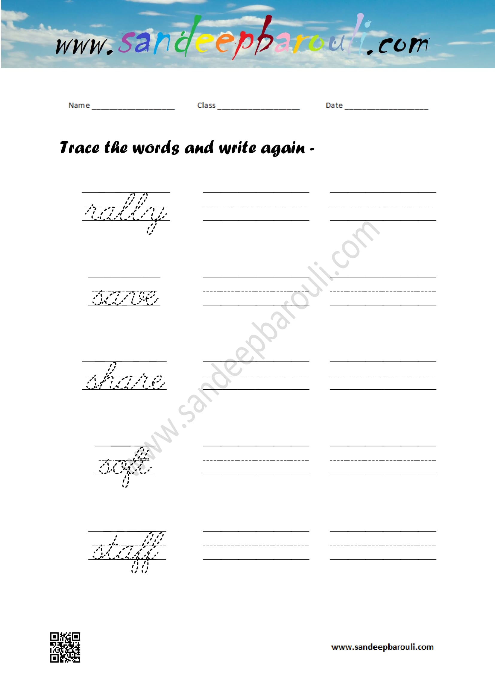 Cursive writing worksheet – trace the words and write again (84)