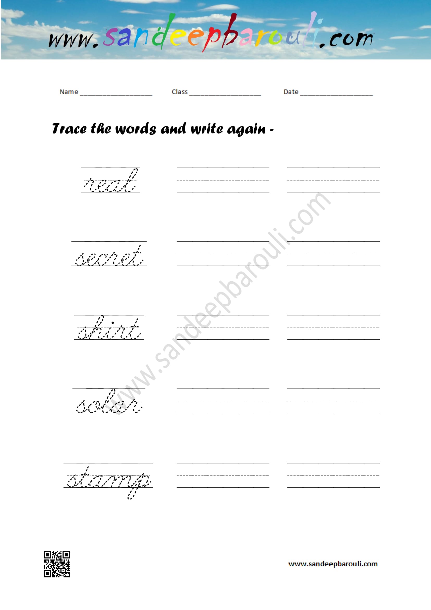 Cursive writing worksheet – trace the words and write again (19