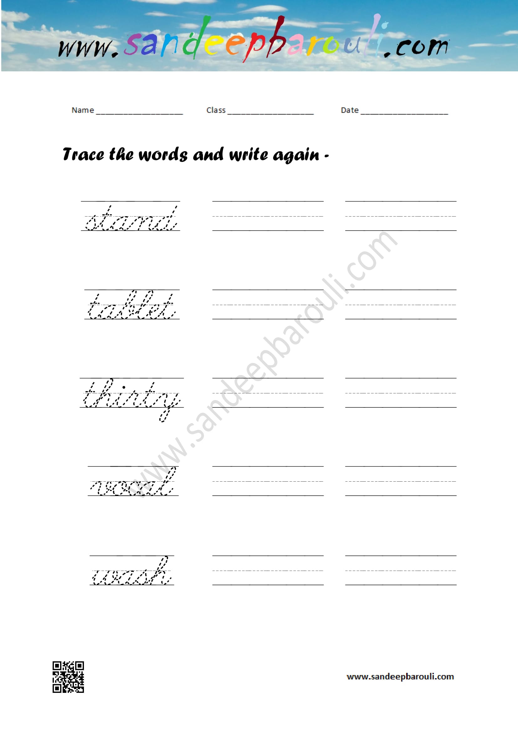 Cursive writing worksheet – trace the words and write again (86)