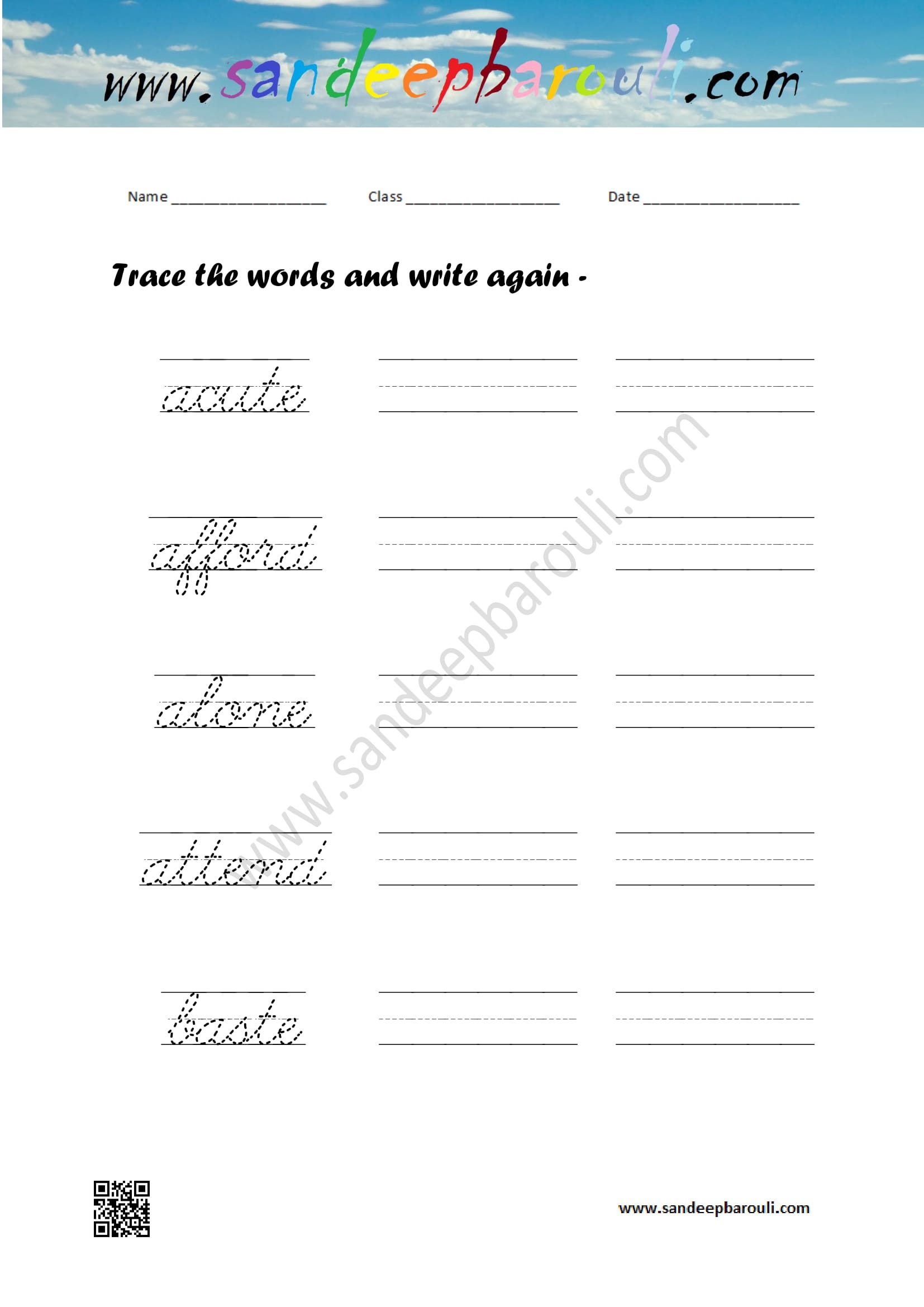 Cursive writing worksheet – trace the words and write again (87)