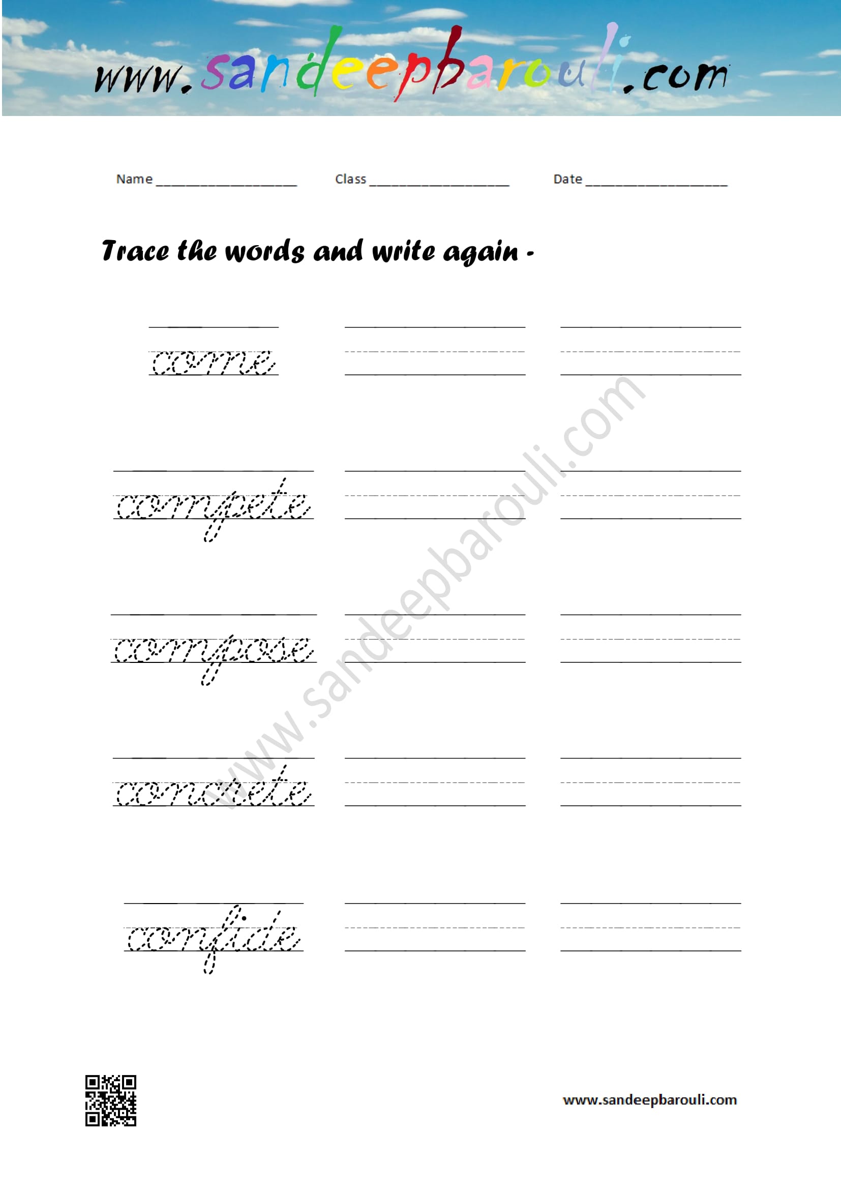 Cursive writing worksheet – trace the words and write again (91)
