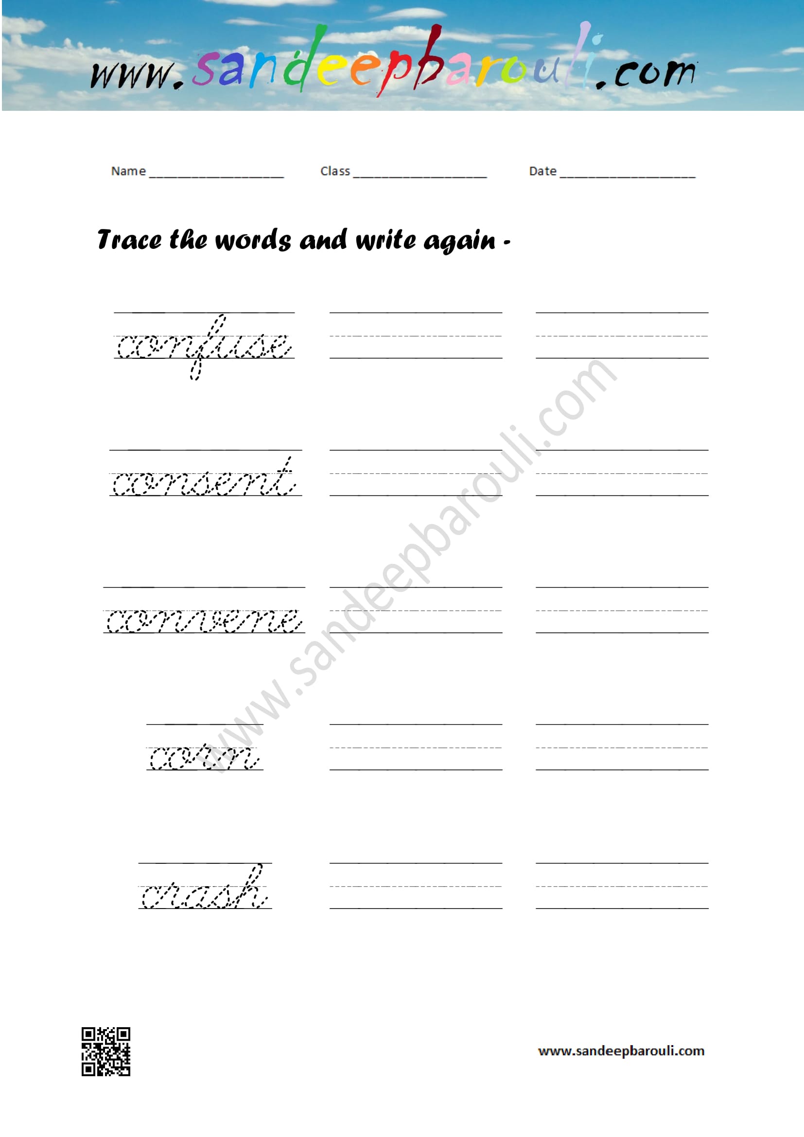 Cursive writing worksheet – trace the words and write again (92)