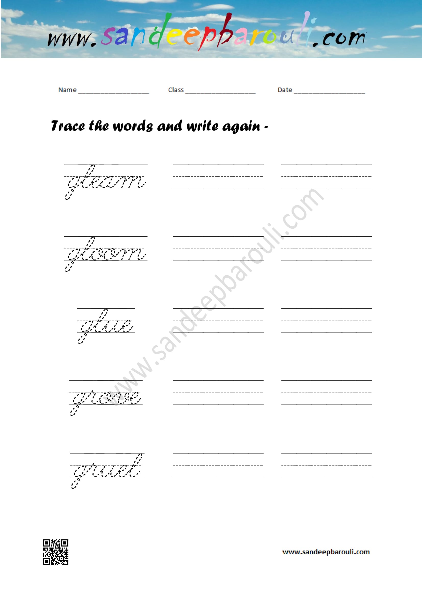Cursive writing worksheet – trace the words and write again (97)